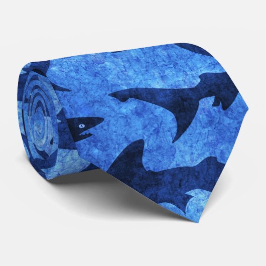 Shark Attack Deep Ocean Blue Big Sharks Stropdas (Opgerold)
