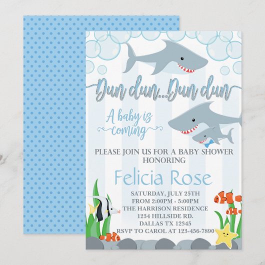 Shark Baby shower Invitation Invite Boy Kaart (Voorkant / Achterkant)