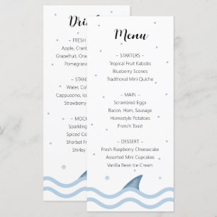 Shark Baby shower Menu met haaienvin en bubbels