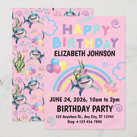 Shark Birthday Invitation in Pink (Devant / Derrière)
