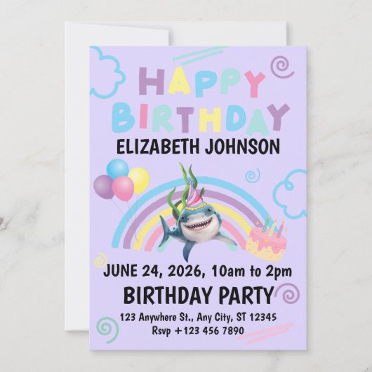 Shark Birthday Invitation in Purple (Devant)