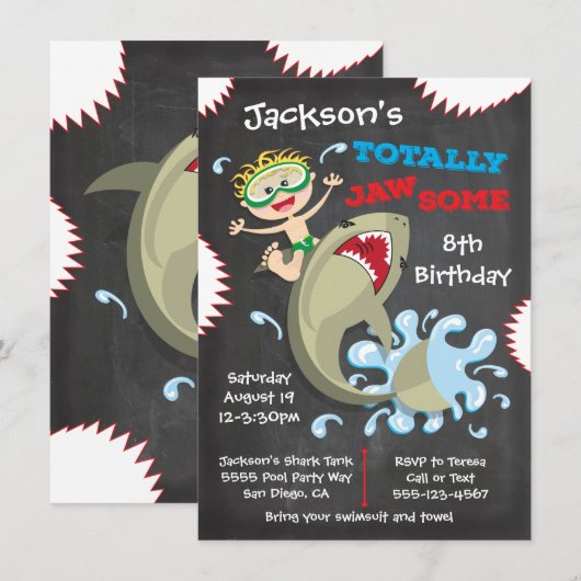 Shark Birthday Swimming Pool Party Invitations Kaart (Voorkant / Achterkant)