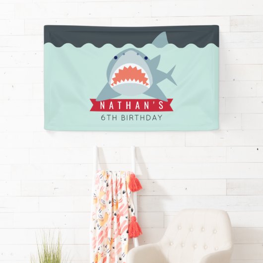 Shark Boy Navy Blue Pool Verjaardagsbanner Spandoek (Insitu)