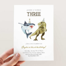 Shark & Dino 3e B'day Uitnodiging, T-rex Shark Par