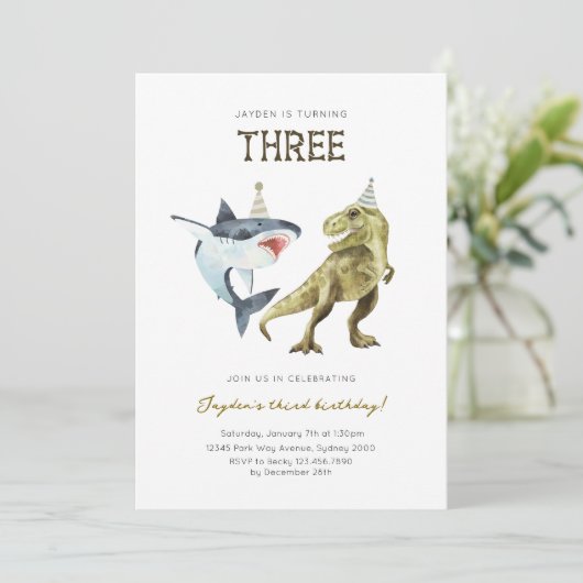Shark & Dino 3e B'day Uitnodiging, T-rex Shark Par Kaart (Staand voorkant)