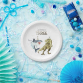 Shark & Dino 3e verjaardag, T-rex Shark Party Papieren Bordje (Feest)