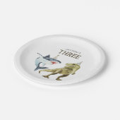 Shark & Dino 3e verjaardag, T-rex Shark Party Papieren Bordje (Gekanteld)