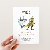 Shark & Dino 4th B'day Invite, T-rex Shark Party Kaart