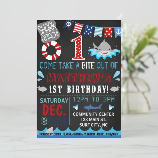 shark first verjaardagsuitnodiging kaart (Staand voorkant)