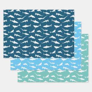 Shark Frenzy Blauw Wit Inpakpapier Vel