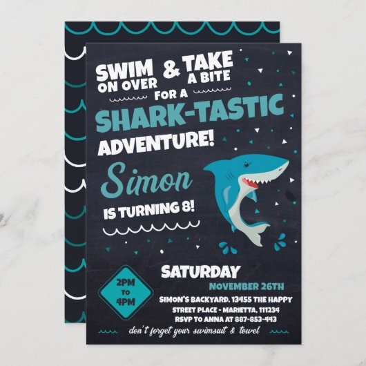 Shark Invitation for Birthday Pool Party Bite (Devant / Derrière)