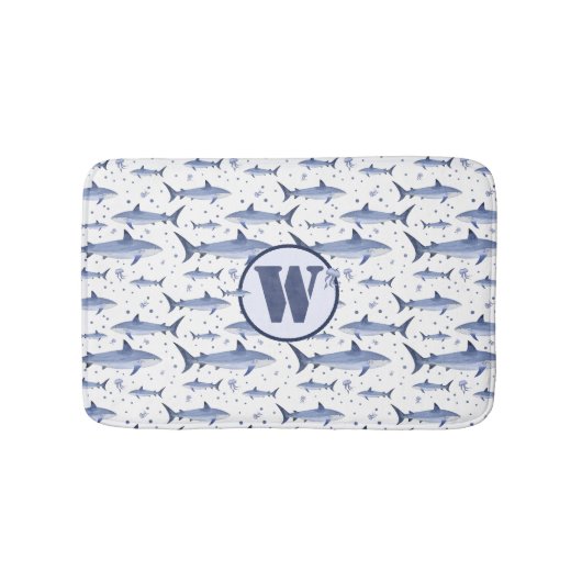 Shark Marine Life Zee Blue Waterverf Monogram Badmat (Voorkant)