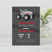 Shark Monster Truck Racing Flag Birthday Party Kaart (Staand voorkant)