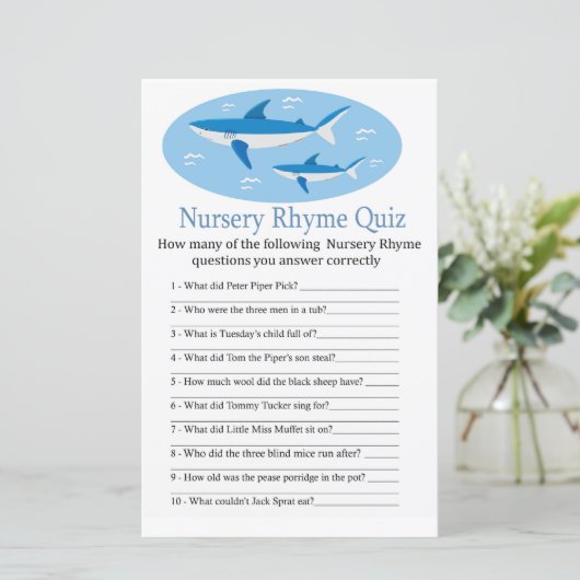 Shark Nursery Rhyme Quiz baby shower game (Staand voorkant)