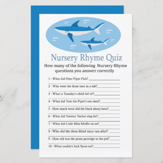 Shark Nursery Rhyme Quiz baby shower game (Voorkant / Achterkant)
