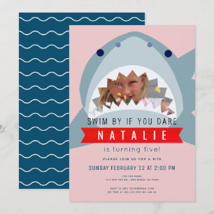 Shark Pink & Navy Blue Pool Girl Foto van Birthday Kaart