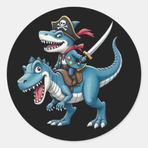 Shark Pirate Riding Dinosaur T Rex Kinder Jongens  Ronde Sticker
