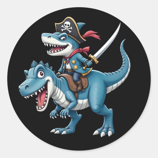 Shark Pirate Riding Dinosaur T Rex Kinder Jongens Ronde Sticker (Voorkant)
