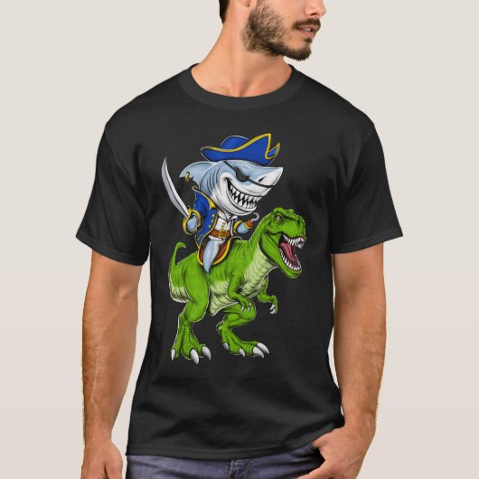 Shark Pirate Riding T-Rex Dinosaur T-shirt (Voorkant)