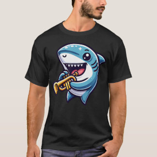 Shark Playing Trumpet Cartoon Music Fun T-shirt