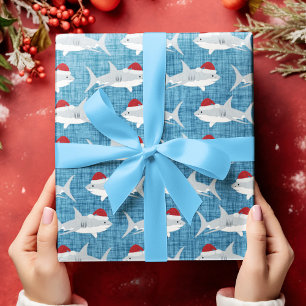 Shark Santa Blue stof look achtergrond Cadeaupapier