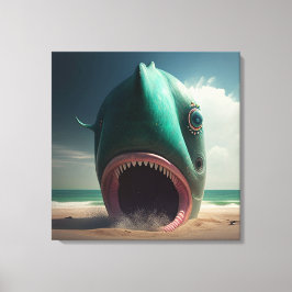 Shark sculpture on the beach canvas afdruk