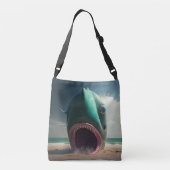 Shark sculpture on the beach crossbody tas (Achterkant)