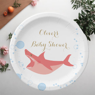 Shark Summer Red und Blue Bubbles Baby shower Papieren Bordje