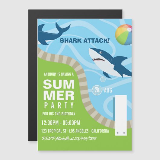 Shark Thed Summer Pool Birthday Party Magnetische Uitnodiging (Voorkant / Achterkant)
