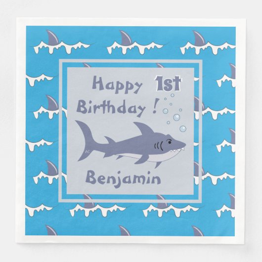 Shark Thema 1e Verjaardag Papier Servetten met Naa (Voorkant)