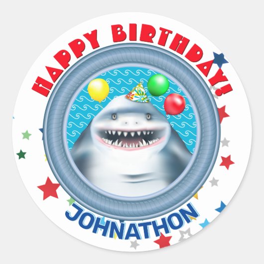 Shark Theme Kinderen Birthday Party Ronde Sticker (Voorkant)