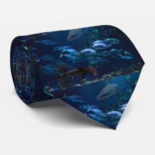 Sharks and School of Fish in Blue Ocean Necktie Stropdas