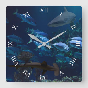 Sharks and School of Fish in Blue Ocean Wall Clock Vierkante Klok