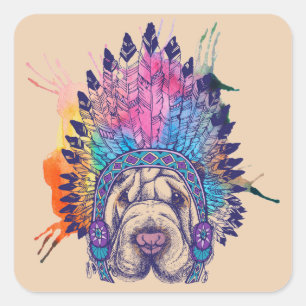 Sharpei Native American Indian Chief Vierkante Sticker