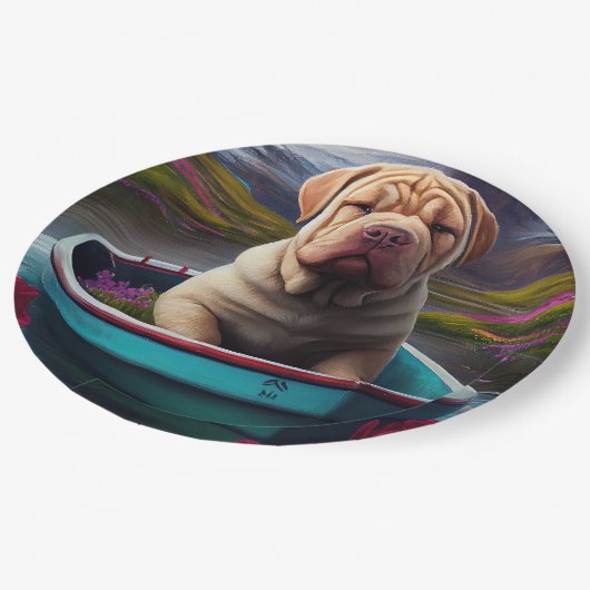 Sharpei op een peddel: Een Schilderachtig avontuur Papieren Bordje (Gekanteld)