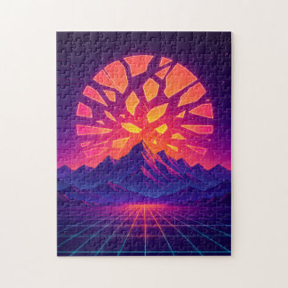 Shattered Neon Sun Over Synthwave Mountains Legpuzzel