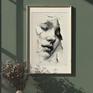 Shattered Serenity: Monochrome lijnkunstgezicht Poster