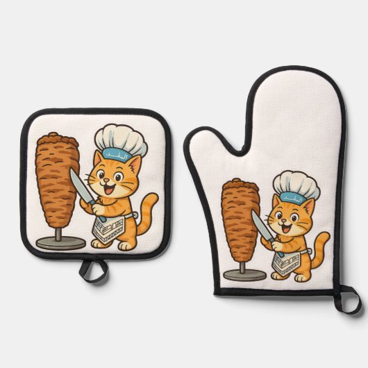 Shawarma Cat Chef Sticker Ovenwant & Pannenlap Set (Voorkant)