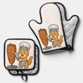 Shawarma Cat Chef Sticker Ovenwant & Pannenlap Set (Voorkant / Achterkant)