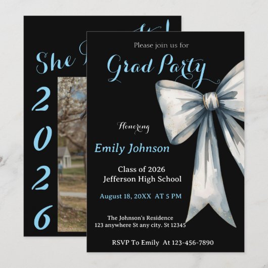 She did it Graduation invitation Photo Blue Bow  (Devant / Derrière)