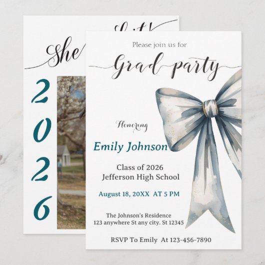 She did it Graduation invitation Photo Blue Bow  (Devant / Derrière)