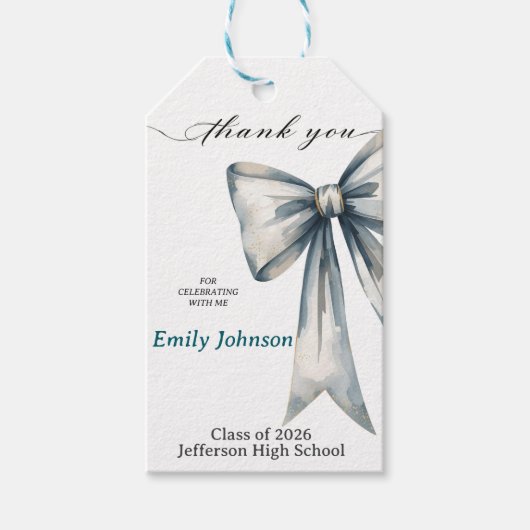 She did it Graduation invitation Photo Blue Bow  Cadeaulabel (Voorkant)
