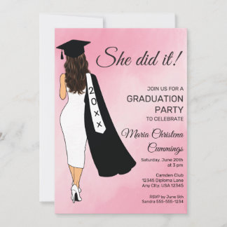 She Did It Pink Graduation Invitation Kaart