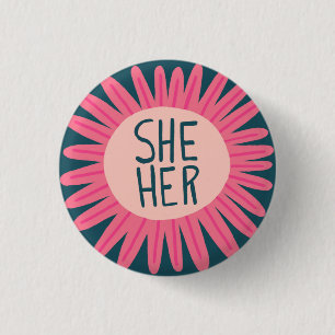 SHE / HER Pronouns Flower Pride Handbriefing Ronde Button 3,2 Cm