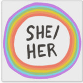 SHE/HER Pronouns Rainbow Circle Handlettering Sticker (Voorkant)