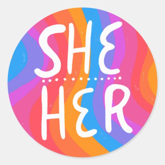 SHE/HER Pronouns Rainbow Handlettering Blad van Ronde Sticker (Voorkant)