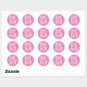 SHE / HER Pronouns Roze handletterset van Ronde Sticker