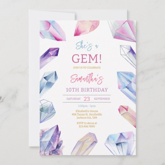 She Is A Gem Stone Crystal Birthday Invitation Kaart (Voorkant)