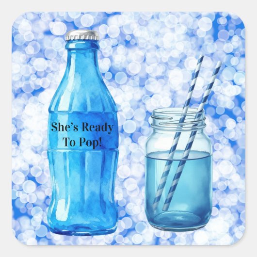 She’s Ready To Pop Blue Boy Baby Shower Vierkante Sticker (Voorkant)