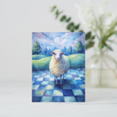 Sheep Blue Checkered Checking on Friend Briefkaart (Staand voorkant)